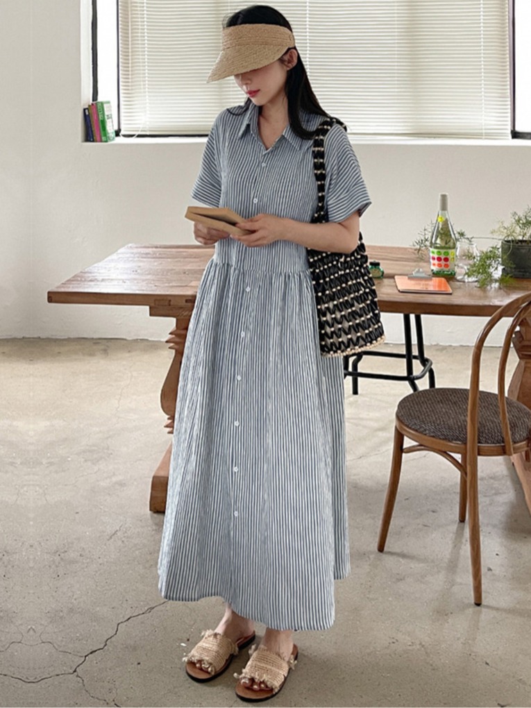Korean Style A Line Shirt Dress - فستان قميص نسائي مخطط بتصميم كوري