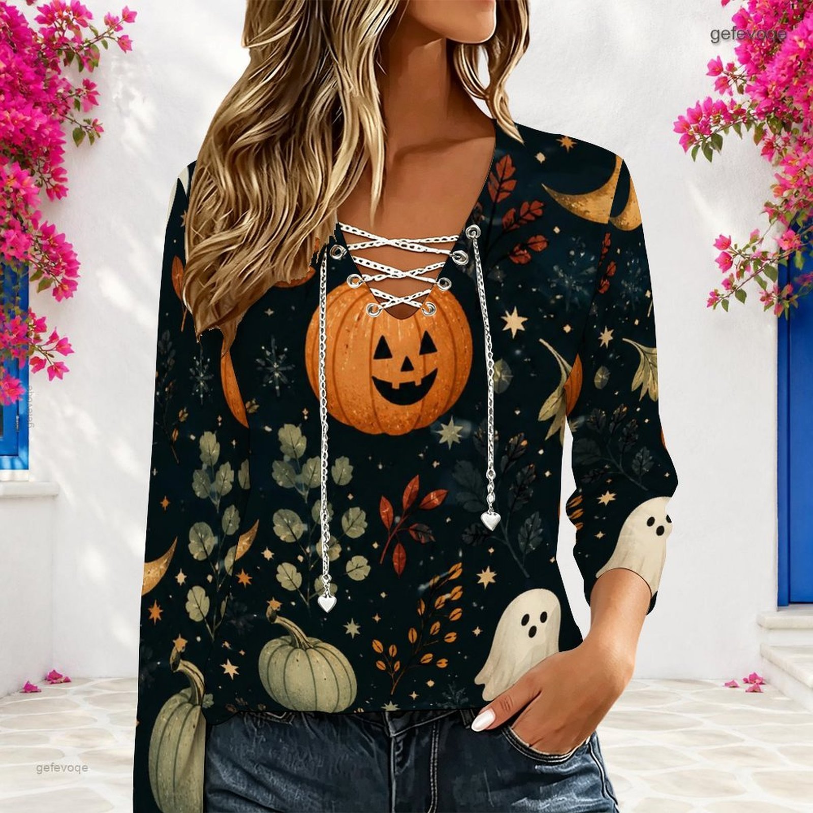 Blouses - بلوزة نسائية بياقة على شكل V