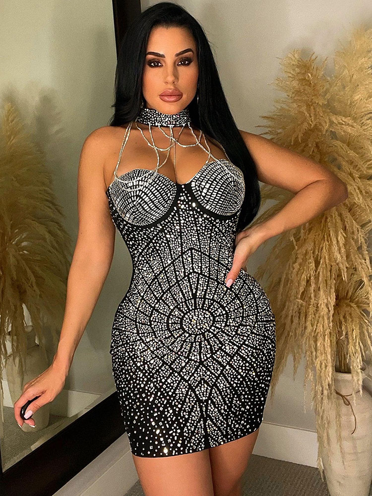 Sparkly Rhinestone Club Party Dress - فستان عيد ميلاد Doyerl سباركلي مرصع