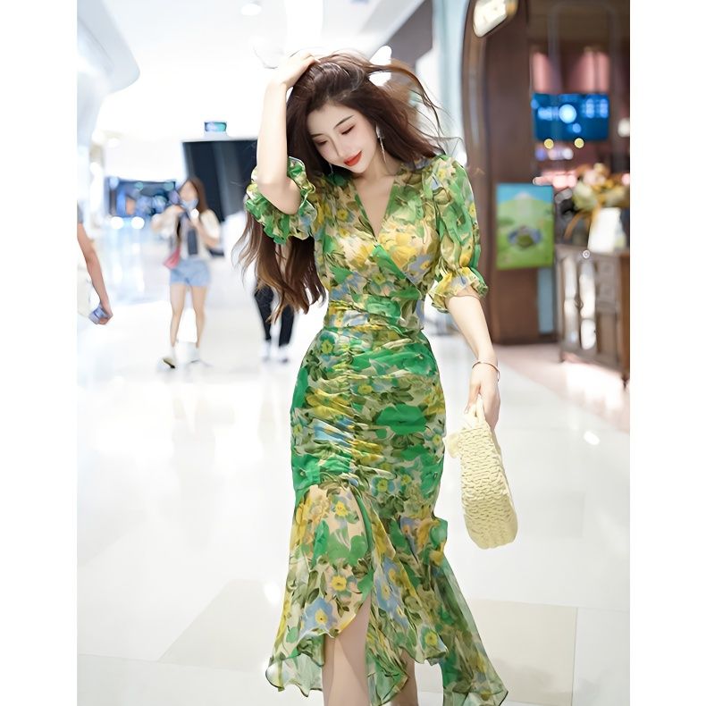 French Vintage Floral Midi Dress - فستان صيفي جديد بنمط يعانق الخصر