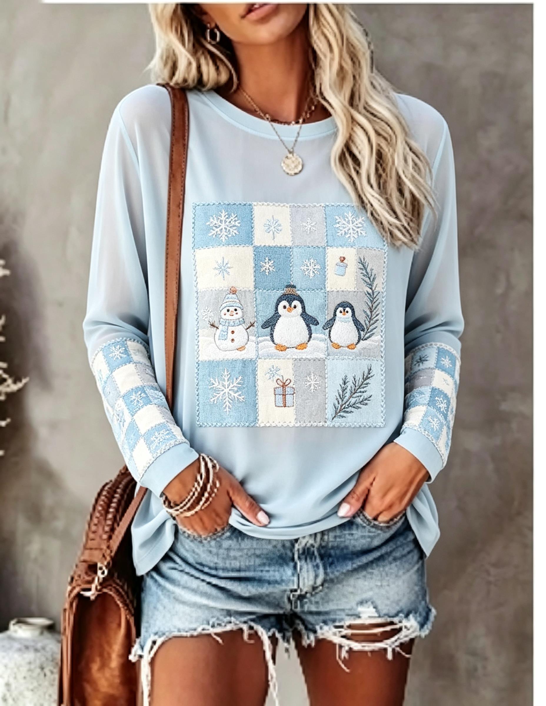 Blouses - تيشيرت نسائي بأكمام طويلة، بتصميم رقعي