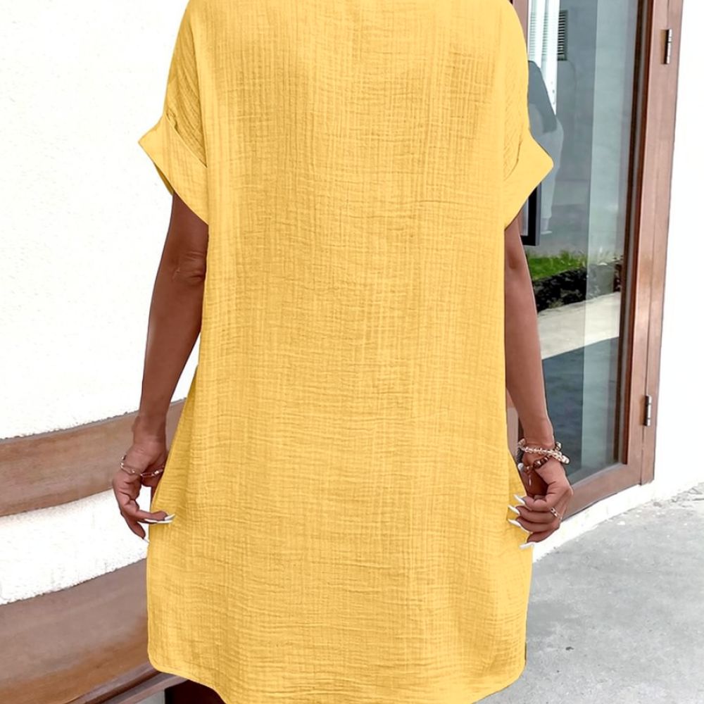 Casual Loose Linen Shirt Dress - فستان نسائي بياقة على شكل حرف