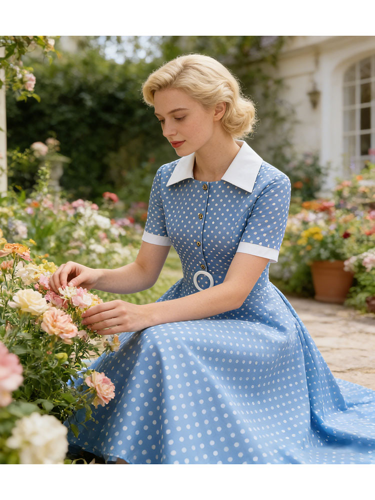 French Vintage Floral Midi Dress - فستان نسائي صيفي عتيق الطراز بنقشة