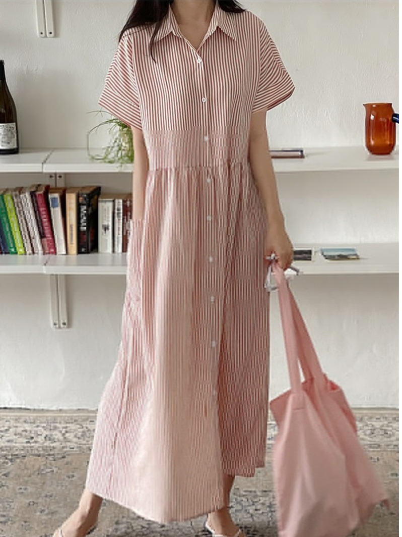 فستان قميص نسائي مخطط بتصميم ك - مراجعة Korean Style A Line Shirt Dress وسعره