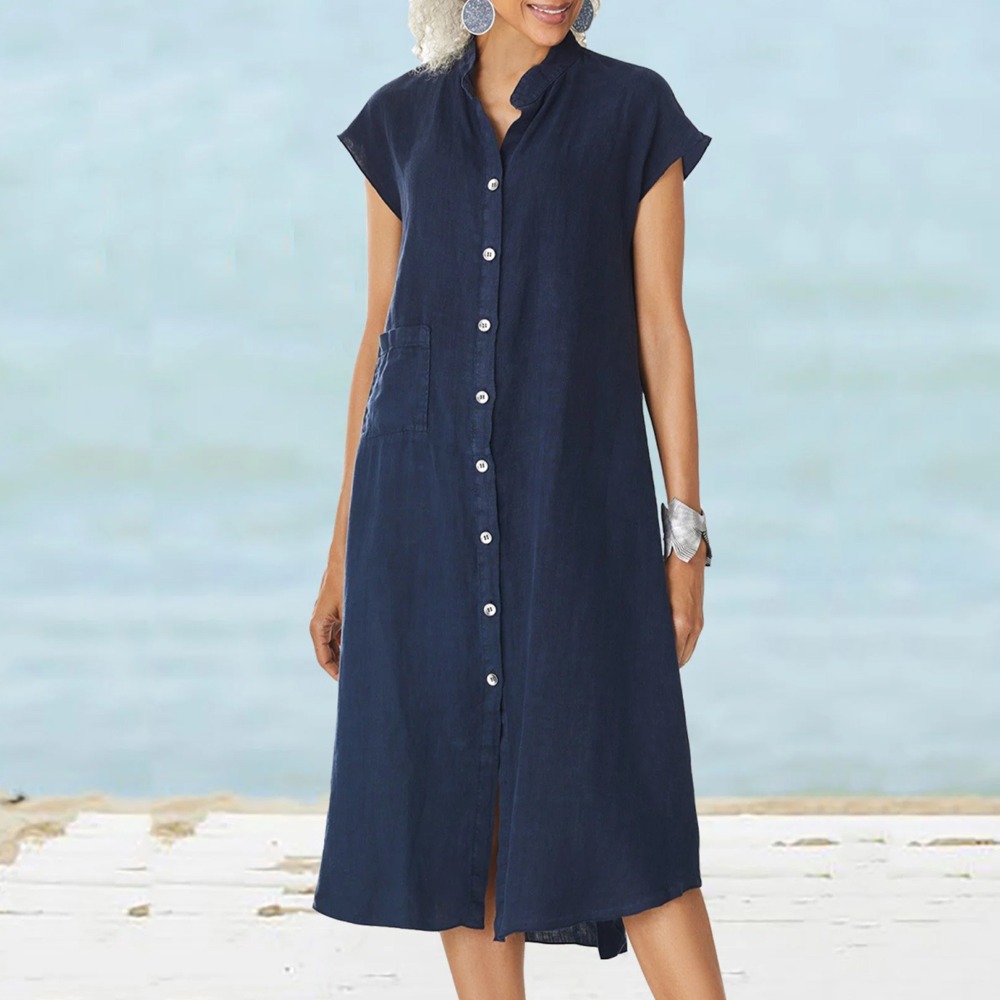 فستان نسائي كاجوال أسود بأكمام - مراجعة Casual Loose Linen Shirt Dress وسعره