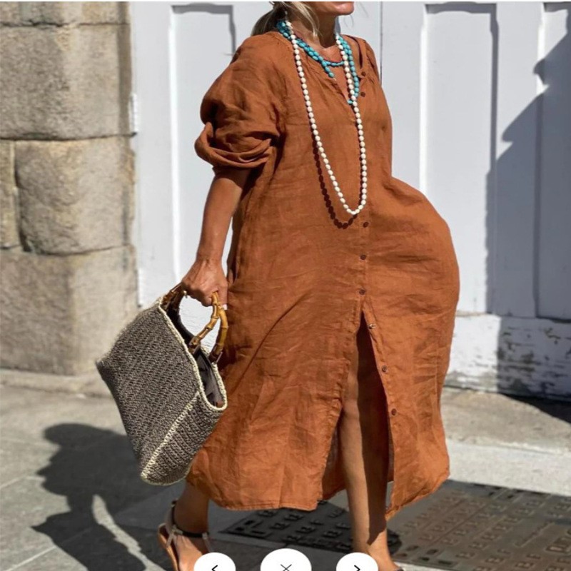 فستان أنيق من القطن والكتان لل - مراجعة Casual Loose Linen Shirt Dress وسعره