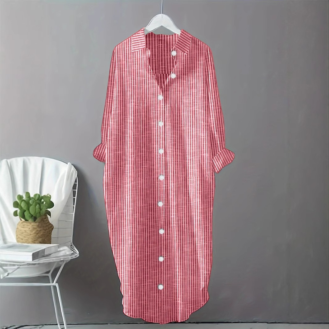 فستان قميص نسائي مخطط من القطن - مراجعة Casual Loose Linen Shirt Dress وسعره