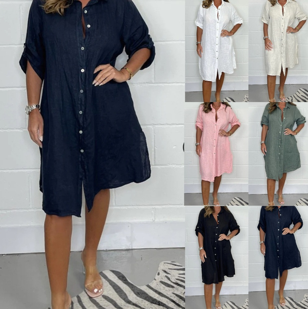 فستان قميص فضفاض بأكمام 3/4 من - مراجعة Casual Loose Linen Shirt Dress وسعره