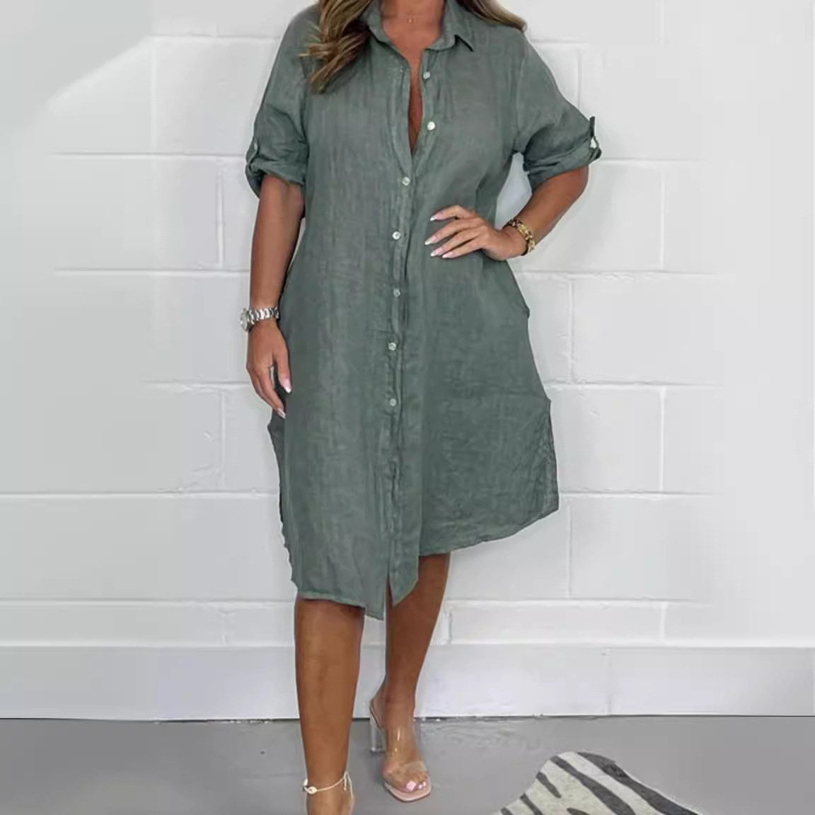 فستان قميص فضفاض بأكمام 3/4 من - مراجعة Casual Loose Linen Shirt Dress وسعره