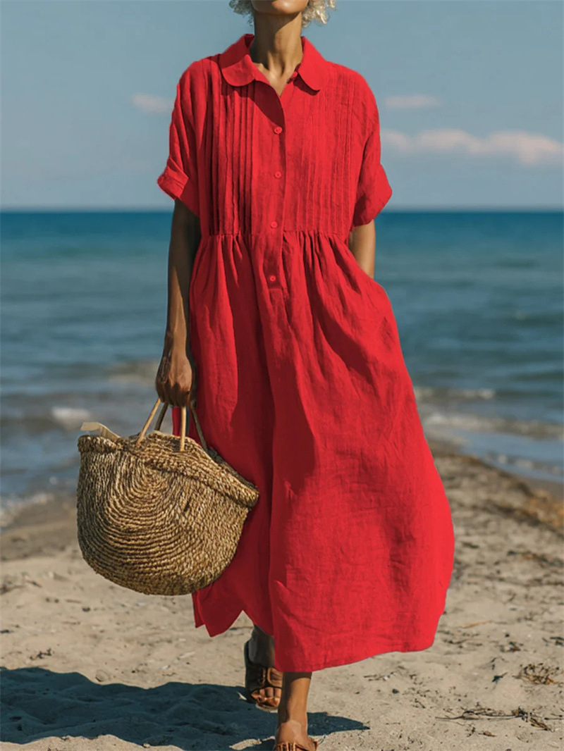 فستان نسائي بياقة كلاسيكية وأز - مراجعة Casual Loose Linen Shirt Dress وسعره