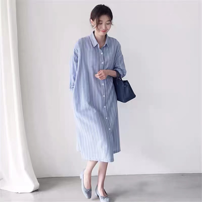 فستان قميصي مخطط أزرق للنساء،  - مراجعة Korean Style A Line Shirt Dress وسعره